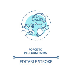 Force to perform tasks concept icon. Ergonomic stressor idea thin line illustration. Reducing worker fatigue. Overloading muscles, tendons. Vector isolated outline RGB color drawing. Editable stroke