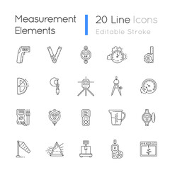 Measurement elements linear icons set. Measuring physical quantity. Infrared thermometer. Dynamometer. Customizable thin line contour symbols. Isolated vector outline illustrations. Editable stroke