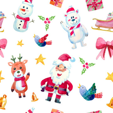 Watercolor pattern cartoon Santa Claus reindeer snowman sleigh, bow, bell and golden stars.