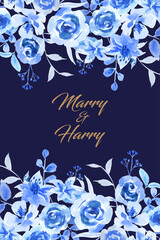 Water color blue flower on top and bottom wedding card design.