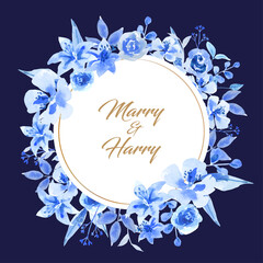 Water color blue flower in circle form wedding card design.