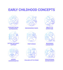 Early childhood development blue gradient concept icons set. Developmental milestones. Baby growth. Childcare idea thin line RGB color illustrations. Vector isolated outline drawings