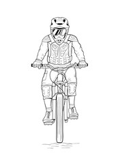 Fototapeta na wymiar Line art drawing of man riding downhill mountain bike. Hand drawn vector illustration of bicyclist