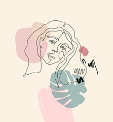 Beautiful girl. Continuous line drawing. Vector hand drawn artwork. Creative freehand style. Hugge home, house decor. Trendy 50s, 60s retro vintage. Spa salon logo. Beige, black, pink, green red color