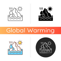 Melting glaciers icon. World ocean level rising process. Iceberg diseapiring problem. People damaging climate. Linear black and RGB color styles. Isolated vector illustrations
