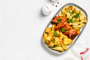 Roast vegetables. Top view, space for text.