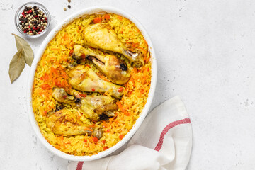 French onion chicken rice bake. Space for text, top view.