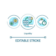 Liquidity concept icon. Cash equivalents idea thin line illustration. Assets converting into ready cash. Marketable securities. Vector isolated outline RGB color drawing. Editable stroke