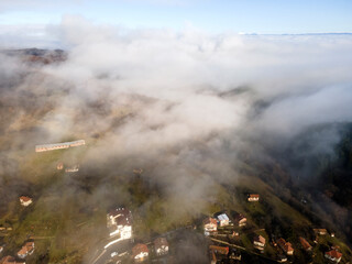 Aerial view of Viskyar Mountain covered with low clouds, Bulgaria