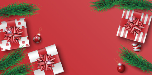 Christmas gifts box on red background with copy space for text, Christmas poster, greeting card, vector illustration