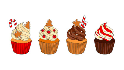 Set of colorful Christmas cupcakes with cream and xmas decor on a white background. Vector illustration