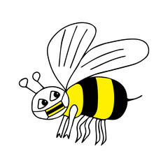 Hand-drawn outline black and yellow vector illustration of a tired sad bee in a medical mask isolated on a white background