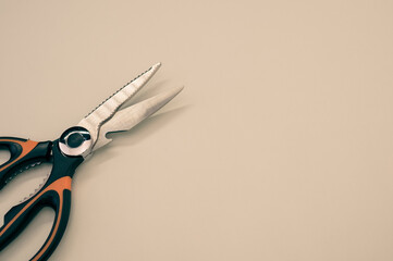 Closeup shot of scissors isolated on taupe background. Cutting tool with zigzag blades, copy space