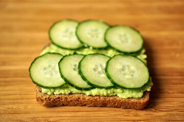 homemade avocado sandwich with tomato or cucumber. Vegetarian breakfast. A healthy snack. High quality photo