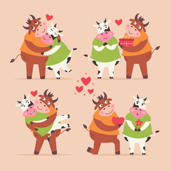 Set of loving bulls and cows. Funny farm animals characters for valentine's day. Paired ungulates hug, propose marriage, give gifts, carry in their arms. Modern vector flat illustration