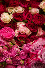 Background from bright dark pink roses. View from above. Vertical format.