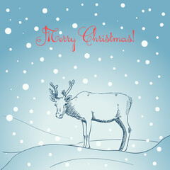 Christmas card, Deer in blue winter nature hand drawn