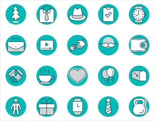 Father's Day Set Line Vector Icons. Contains such Icons as Mustache, tie, shirt, handshake, diplomat, hat, coffee, purse, gift, portfolio and more. Editable Stroke. 32x32 Pixel Perfect