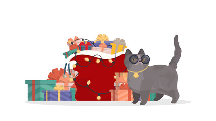 Gray cat with glasses and a gold chain. A mountain of gifts and a red bag. New year concept. Isolated. Vector illustration.