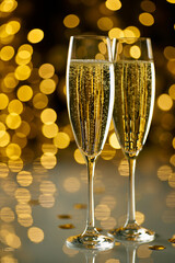 Two glasses of champagne on festive lights bokeh