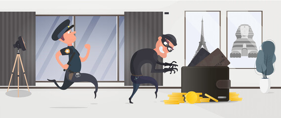 Burglar steals money from the house. A police officer detains a robber. Security concept, protection of personal finance. Vector