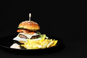 Homemade juicy burger and fries. Home-made fast food. Bun with sesame seeds and filling. Big sandwich