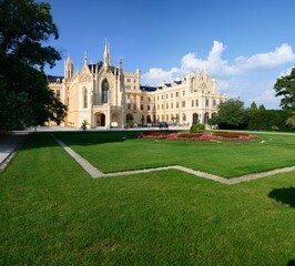 Fototapeta premium Lednice Park and Chateau in South Moravia, Czech Republic. The neo-Gothic chateau is located in the world-famous Lednice-Valtice area and is listed as a UNESCO World Heritage Site.