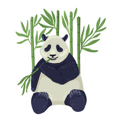 Giant adult panda sits and eats a twig, bamboo on the background. Bamboo bear. Vector childrens illustration