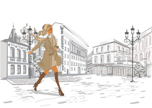 Fashion girl in a hat and in  a coat  shopping in the street of the old city. Hand drawn vector architectural background with historic buildings.