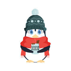 A little penguin with a cute look in a winter hat and a scarf holds a hot drink in his hands. Knitted hat, red scarf, hot, winter drink, coffee, chocolate or latte. Vector