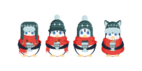 Set of Cute little penguins with a cute look in a winter hat and a scarf holds a hot drink in his hands. Knitted hat, red scarf, hot, winter drink, coffee, chocolate or latte. Vector illustration.