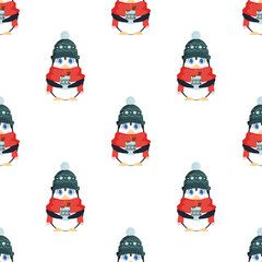 Seamless pattern. A little penguin with a cute look in a winter hat and a scarf holds a hot drink in his hands. Christmas mug of hot drink. Suitable for backgrounds, cards, banners and prints. Vector