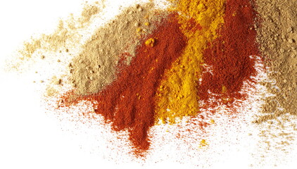 Mix pile of ginger, red paprika, turmeric (Curcuma) powder isolated on white background, top view