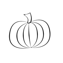 One round pumpkin on white background, nature, halloween, vegetable. Outline drawing. Black contour.