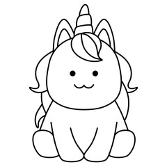 Black line art unicorn sitting isolated on white background. Flat design for poster or t-shirt. Vector illustration