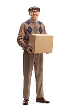Full length portrait of an elderly man holding a cardboard box