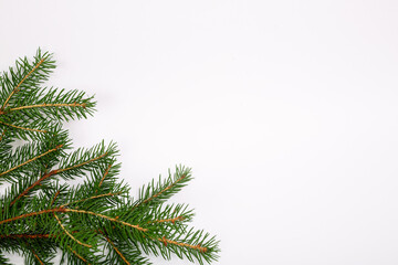 Obraz premium Blank business card with fir christmas tree branches. New year celebration concept banner. Gift certificate. Side view. Minimalist mockup. Invitation to an event or party. Advertising information