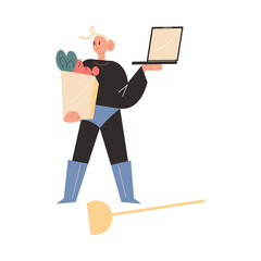 Father in superhero costume carrying shopping bags from shop and working on laptop