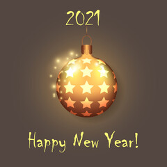 Postcard Happy New Year 2021 with decoration of hanging christmas ball with stars and sparkles. Vector gradient graphic design for web banner, background, print card.