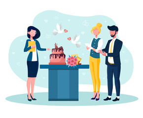 Event manager presenting event plan for celebration. Concept of celebration or meeting organization. Cake and flowers. Flat cartoon vector illustration