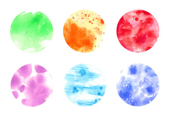 Abstract watercolor circles isolated on white background, bright color illustration set