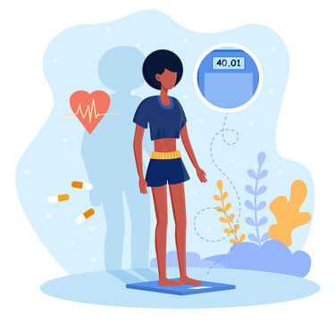 Young skinny woman standing on bathroom scale. Female character with shadow behind shows her imaginary distorted body. Flat cartoon vector illustration