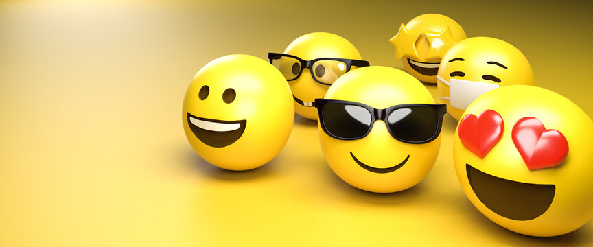 3d render of a set of six different face emoji smileys. Copy space - Web banner size.