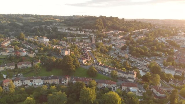 Aerial drone view of town of Bath, Somerset UK, during golden hour