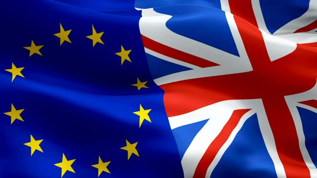 Euro and United Kingdom flag waving video in wind footage Full HD. Euro vs United Kingdom flag waving video download. EU UK Flag Looping Closeup 1080p Full HD 1920X1080 footage. Europe United Kingdom 