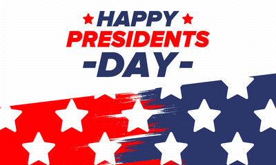 Happy Presidents day in United States. Washington's Birthday. Federal holiday in America. Celebrated in February. Patriotic american elements. Poster, banner and background. Vector illustration