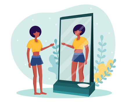 Young skinny woman standing in front of mirror with empty plate. Female character feels like she is fat even though she is thin. Flat cartoon vector illustration