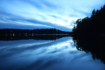 Garrison Bay, English Camp National Park, San Juan Island, Washington in the Evening with crisp reflection of sky on water.