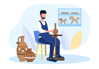 Professional male potter master is sitting on a chair making a vase in a workshop. Concept of handmade ceramics creation. Flat cartoon vector illustration