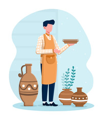 Professional male potter master standing and holding plates he made in a workshop. Concept of handmade ceramics creation. Flat cartoon vector illustration